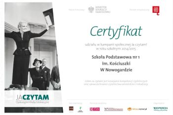 Certyfikat udziału w Kampanii „JA CZYTAM”